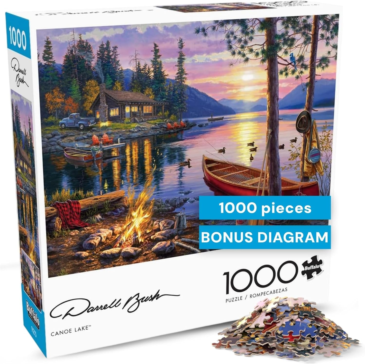 '- Canoe Lake 1000 Piece Puzzle for Adults - Jigsaw Puzzles – Darrell Bush Cabin Sunset Artwork with Poster – Challenging Outdoor Nature Scene