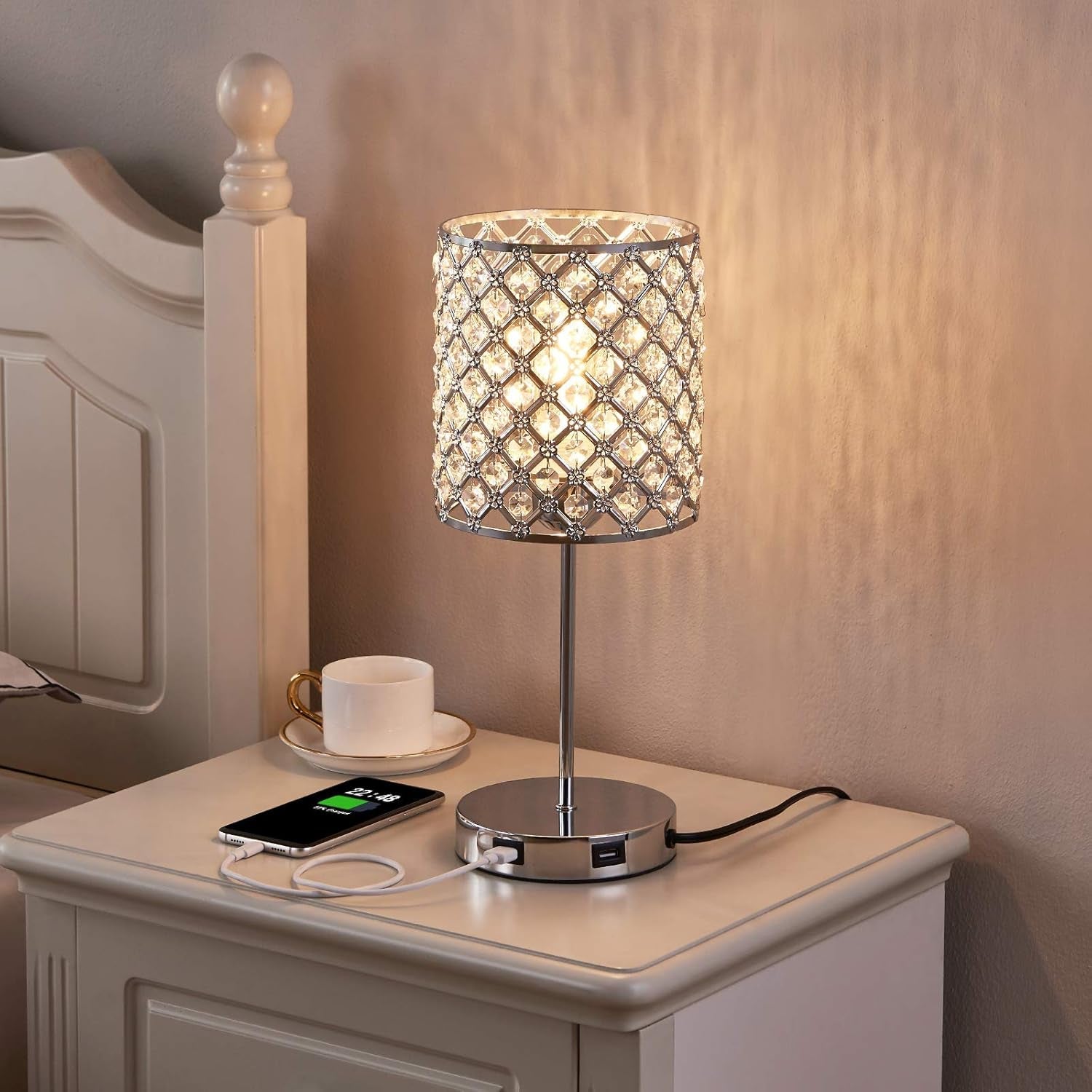 Set of 2 Touch Table Lamp, Sliver Crystal Lamp Set of 2, 3 Way Dimmable Bedside Lamps with Dual USB Ports, Nightstand Lamps for Bedrooms Desk Light for Girl Room, Living Room(Included 2 Bulbs)…
