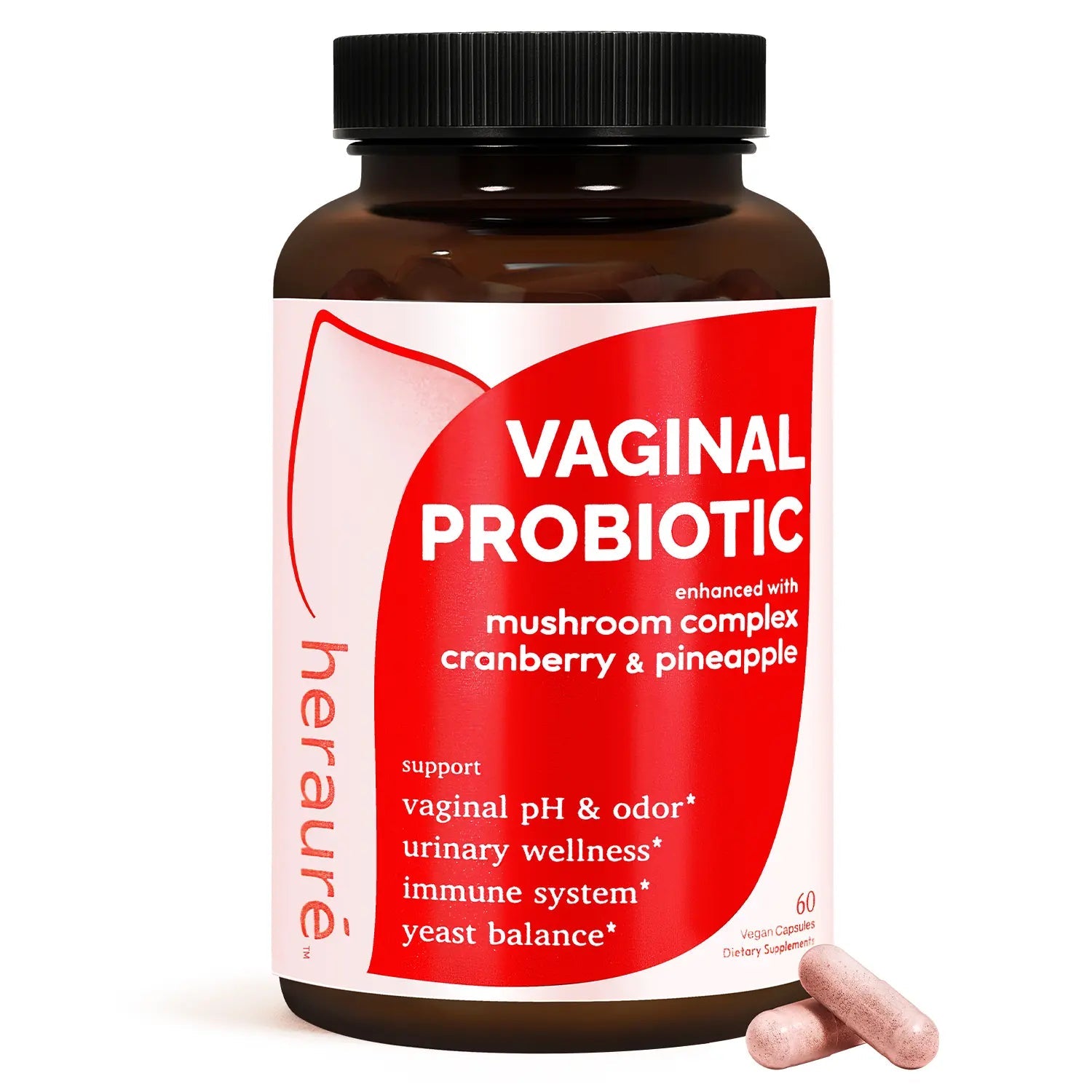 Herauré Women’S Probiotics - Ph Balance, Odor Control, Flora Health, Moistening, Tightening - with 7 Billion CFU Probiotic, Prebiotic, 7-In-1 Mushroom Blend, Cranberry, Pineapple - 60 Capsules (Pack of 1), Self-Care Gift,Summervibes
