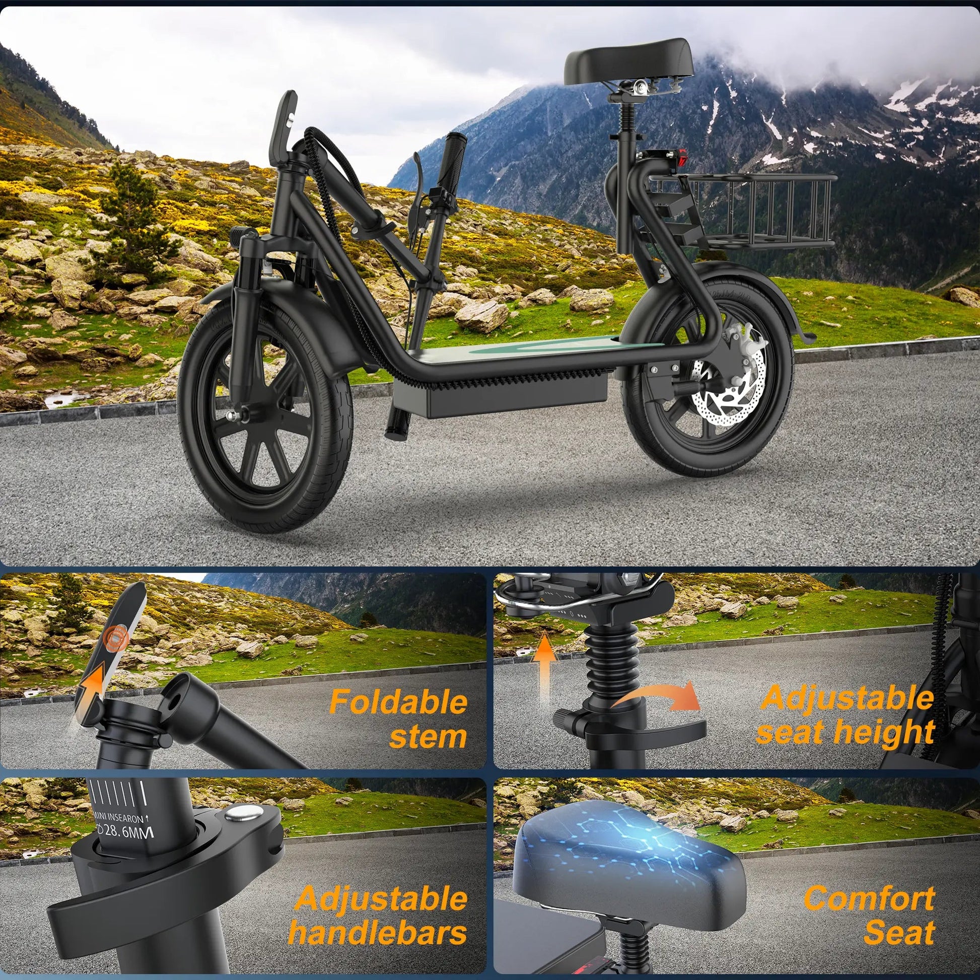 Foldable Electric Scooter with Seat and Basket, 500W Peak Motor, 48V/10.4Ah Rechargeable Battery, LED Headlight, Rear Disc Brakes, Dual Shock Absorbers, Adjustable Height, Customizable Size, 22MPH Max Speed, 28Miles Max Range